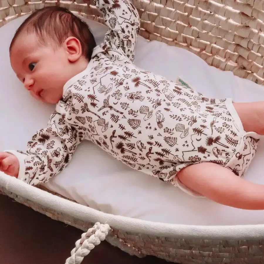 Woolbabe Long Sleeve Bodysuit - Natural Bark Wilderness