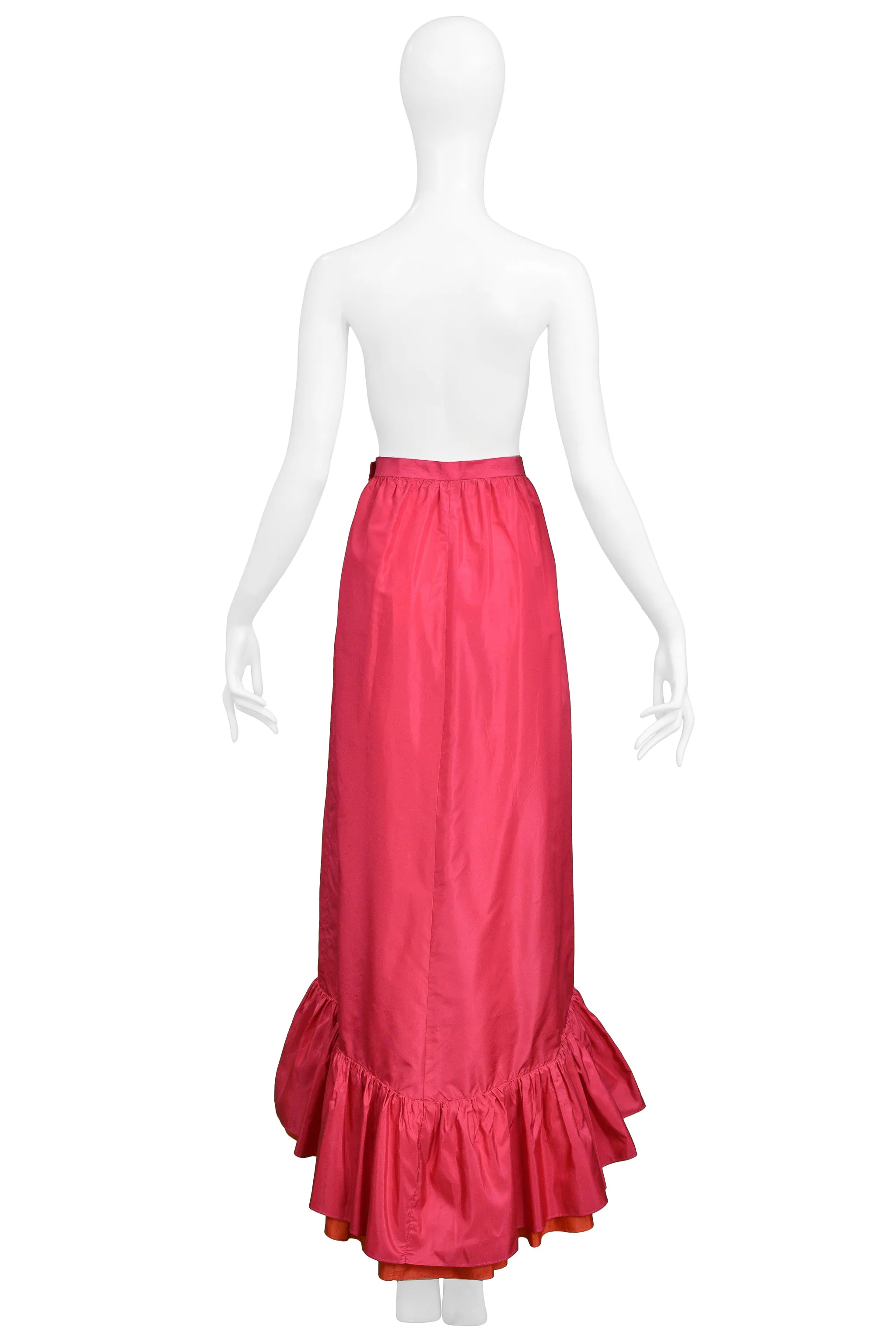 YVES SAINT LAURENT YSL PINK TAFFETA MAXI SKIRT WITH RUFFLES