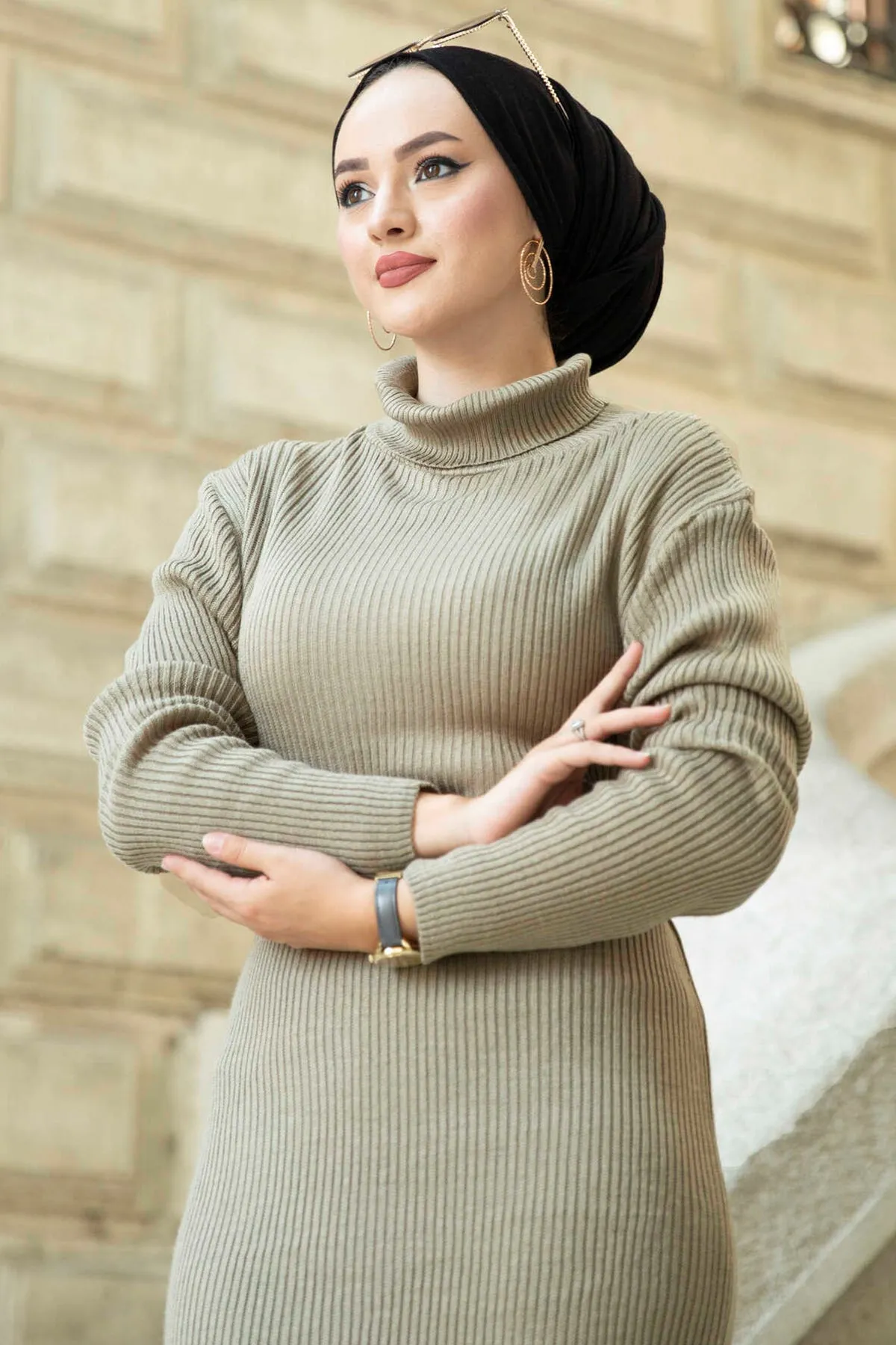 ZRF Women Polo Neck Knit Dress - Light Khaki - Trujillo Alto